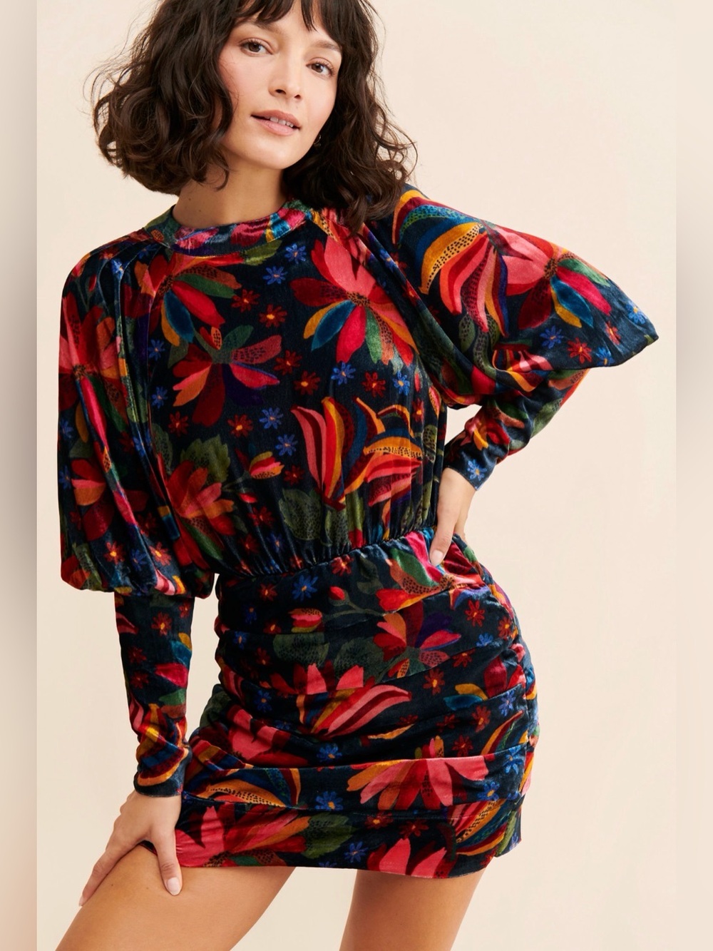 FARM Rio Anthropologie Banana Sky Floral Velvet Mini Dress puff sleeves